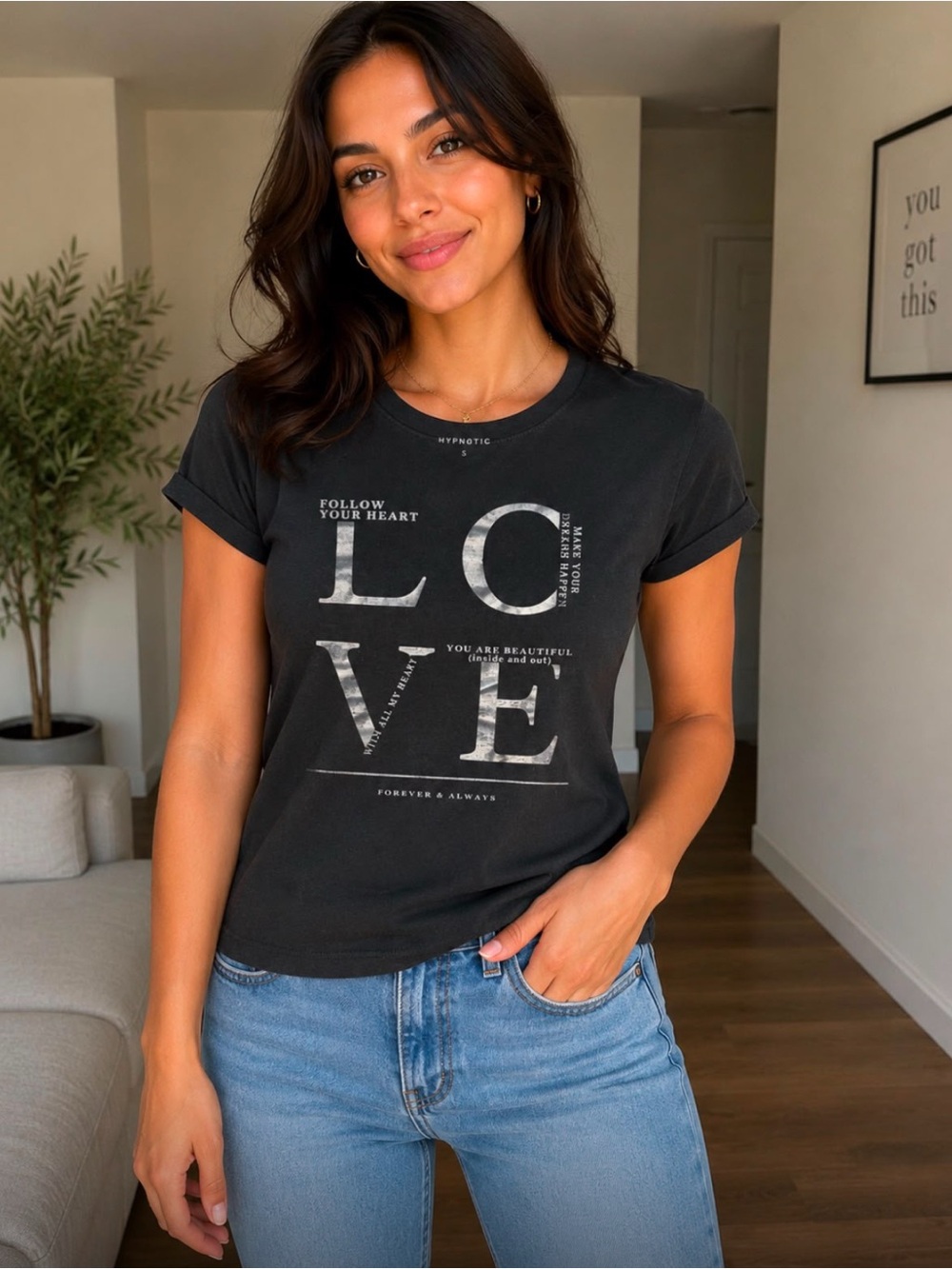 Black 'LOVE' Graphic Tee - Casual Short Sleeve Women's Top